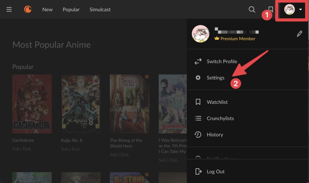 Crunchyrollのトップ画面でプロフィールアイコンをクリックし、「Settings（設定）」メニュー項目を赤い矢印で示しているスクリーンショット。