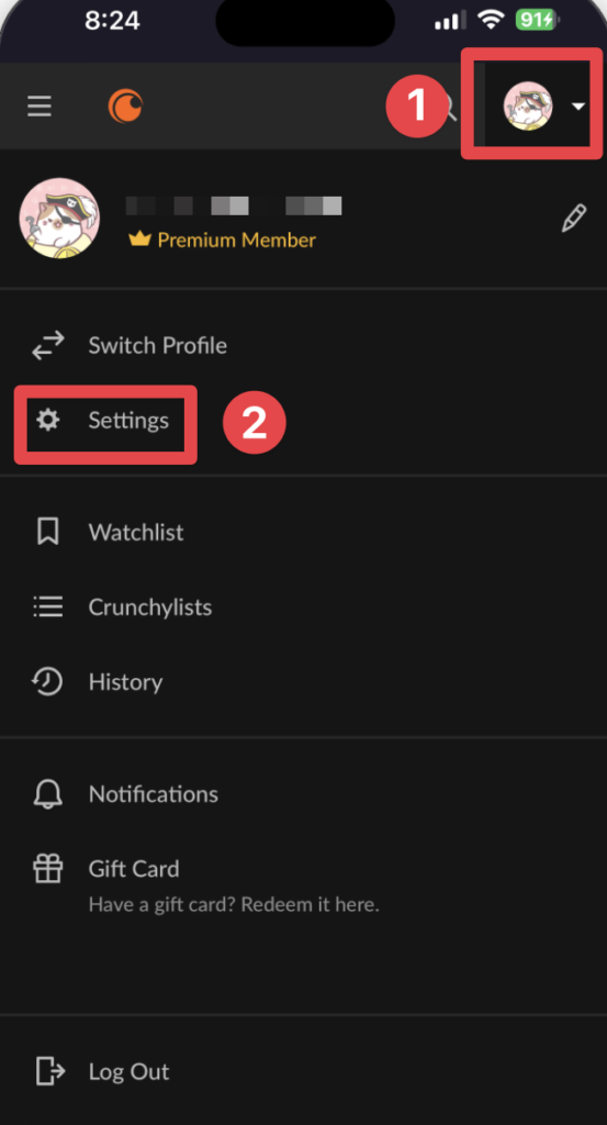 Crunchyrollのプロフィールメニューを開き、「Settings（設定）」項目を赤い矢印で示している画面のスクリーンショット。