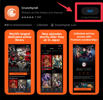 海外AppleアカウントでApp Storeを開き、Crunchyrollアプリの「Get(入手)」ボタンが表示されている画面。ダウンロード開始位置が赤枠で強調されている。