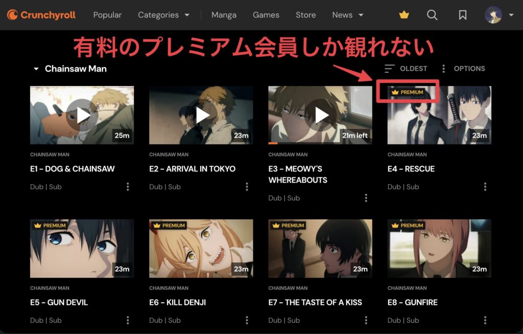 Crunchyrollでチェンソーマンのエピソード一覧を表示した画面。無料で見られる話数とプレミアム限定エピソードの違いが分かる例。