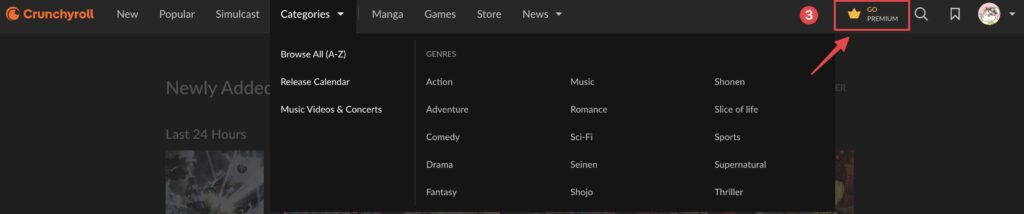 Crunchyrollのメニュー画面。Go Premiumボタンを選択する様子のスクリーンショット