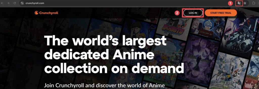 Crunchyrollのトップページとログイン画面のスクリーンショット