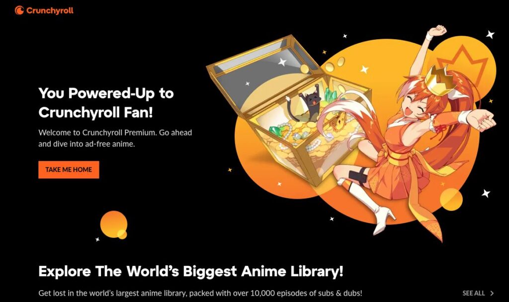 Crunchyrollのプレミアム登録完了画面。マスコットキャラクターのイラスト付き