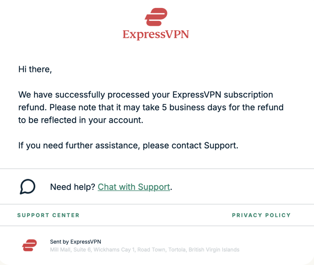 「ExpressVPNの返金手続きが完了したことを知らせる『Refund completed』メールのスクリーンショット」