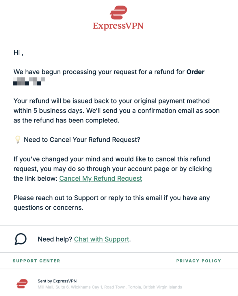 「ExpressVPNから届いた返金処理開始を知らせる確認メールのスクリーンショット」