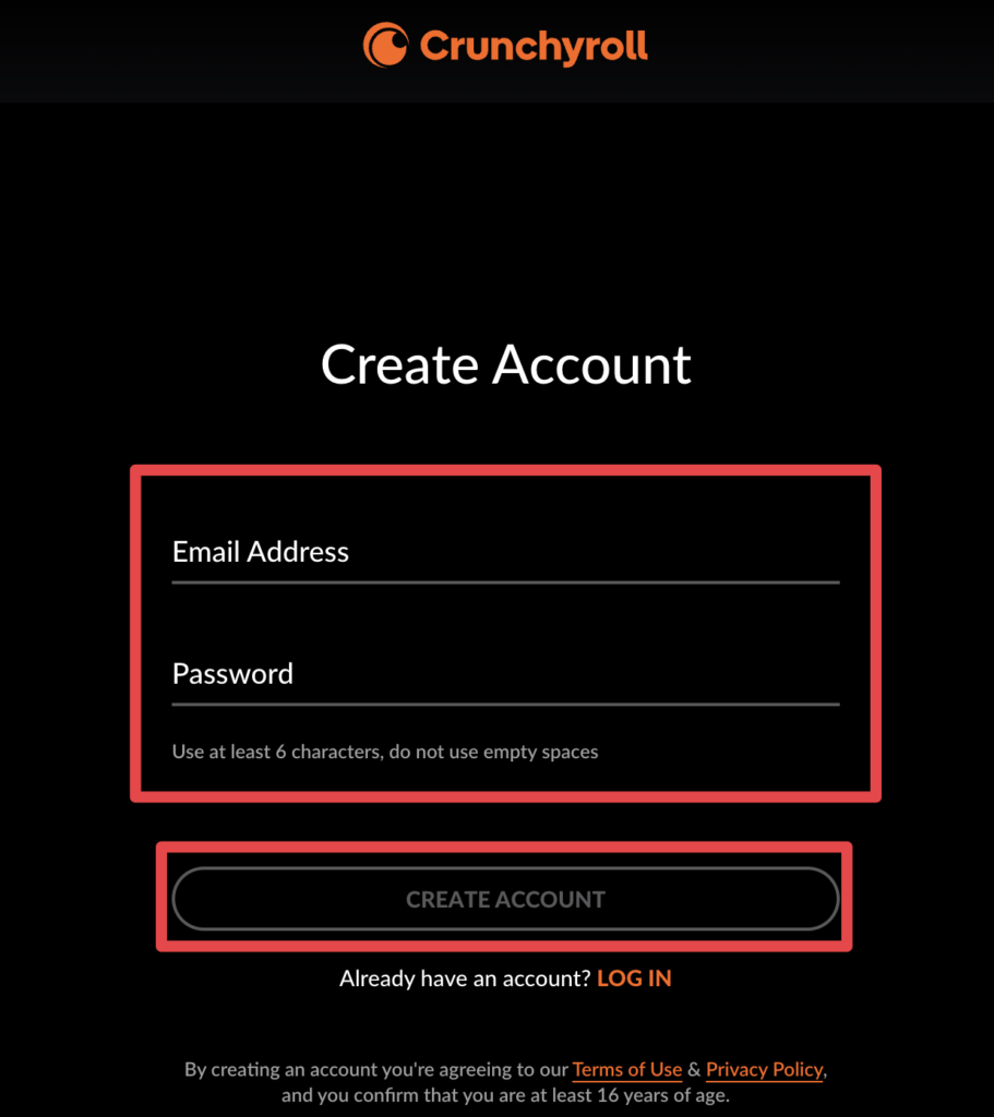 Crunchyrollのアカウント作成画面。メールアドレスとパスワードを入力してCREATE ACCOUNTをクリックする