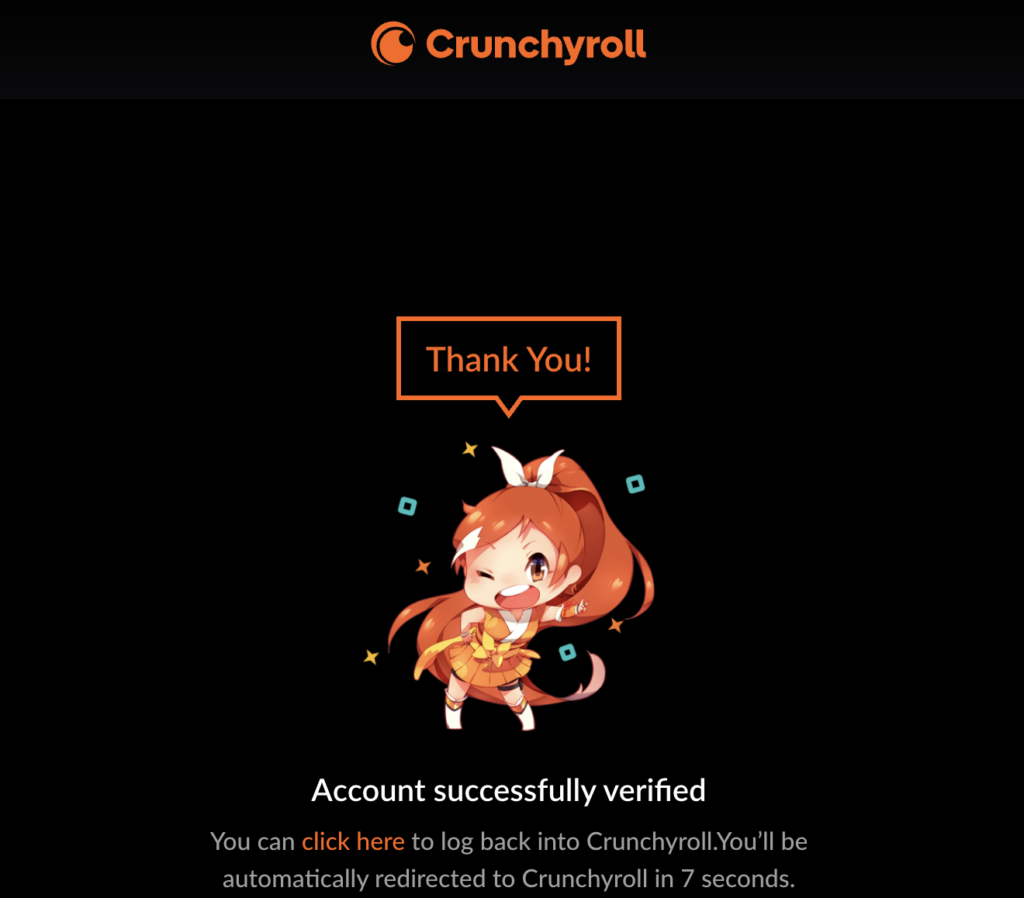 Crunchyrollのメール認証完了画面。アカウントが正常に確認され、ログイン可能になったことを示す