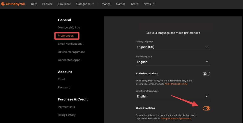 CrunchyrollのPreferences画面で英語学習向けにEnglish CC字幕を有効化する手順