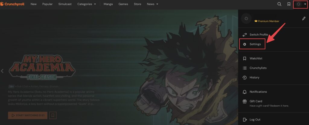 Crunchyrollのブラウザ画面でプロフィールメニューからSettingsを開く手順