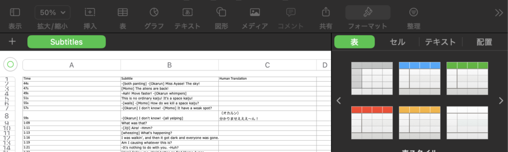 Language Reactorで書き出した字幕スクリプトを、Excel（スプレッドシート）で開いて一覧表示している画面。