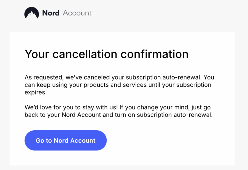 NordVPNサブスクリプション自動更新キャンセル確認メール